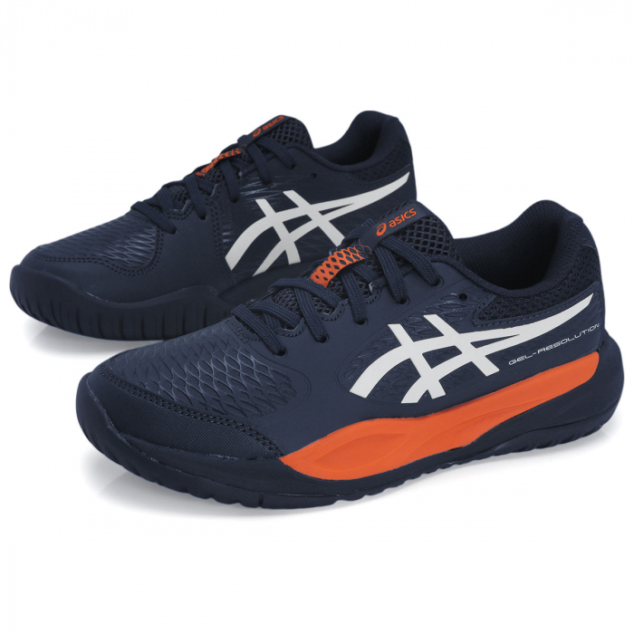 Tênis Asics Gel Resolution X GS Junior Marinho Branco e Laranja