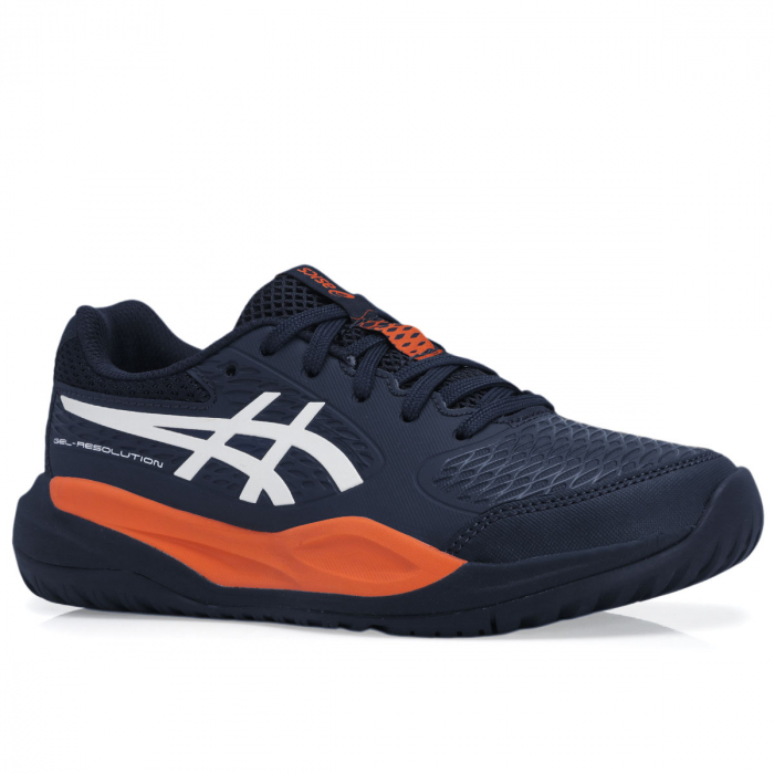 Tênis Asics Gel Resolution X GS Junior Marinho Branco e Laranja