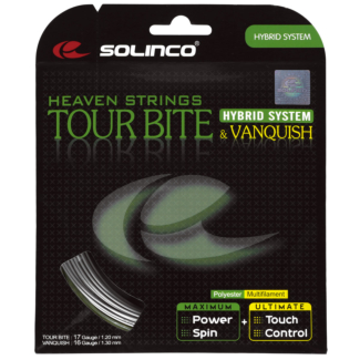 Corda Solinco Tour Bite Hybrid 17L 1.20mm Prata X Vanquish 16L 1.30mm Natural - Set Individual