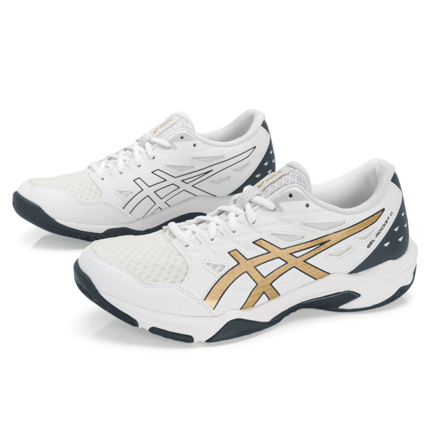 Tênis Asics Gel Rocket 11 Branco Marinho e Dourado