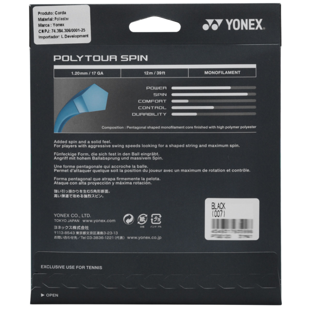 Corda Yonex PolyTour Spin 17L 1.20mm Preta - Set Individual