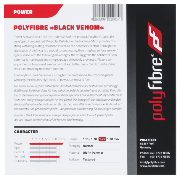 Corda Polyfibre Black Venom 17L 1.25mm Preta - Set Individual